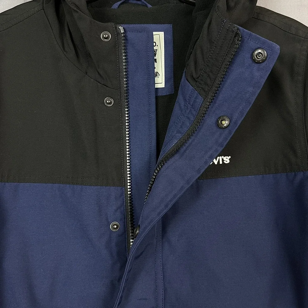Levi's Men's Fleece Lined Shell Jacket Size M Blue‎ Black Hooded Water Resistant